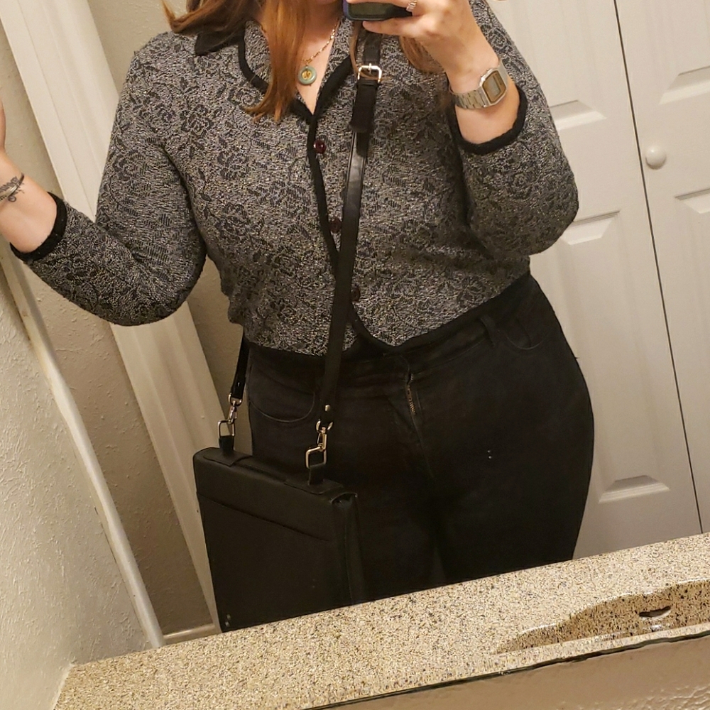 Short Gray Blazer with Black Rose Print and Trim